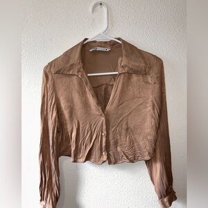 Zara Brown Button-Up Cropped Blouse